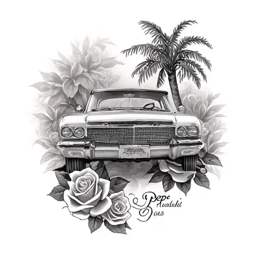 Car Tattoo With Palm Tree And Roses And My Grandfathers Name Pepe