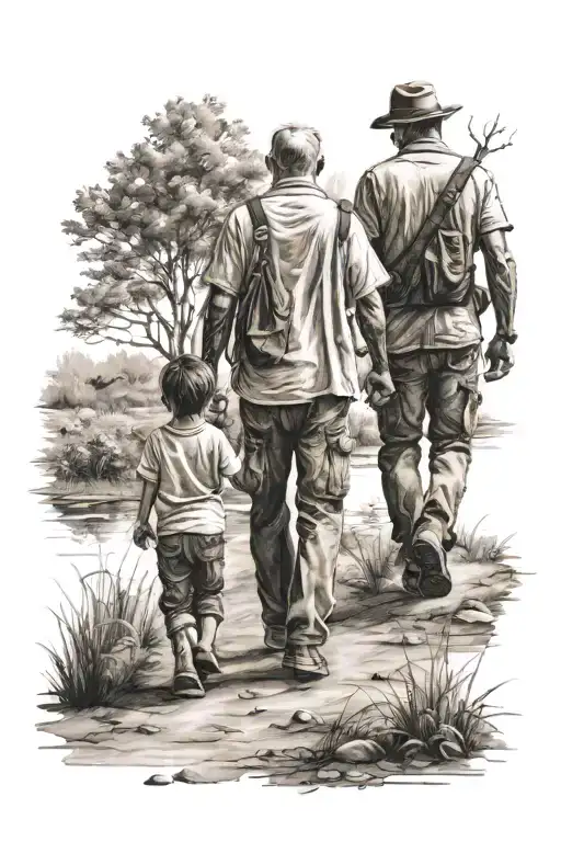 Father And Two Son Walking