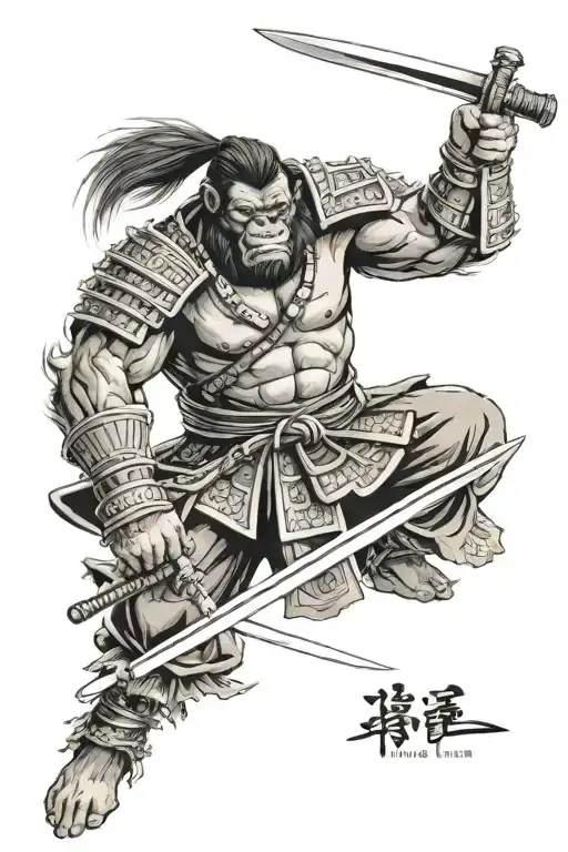 Samurai With A Gorilla Face Furious With Anger And Sword