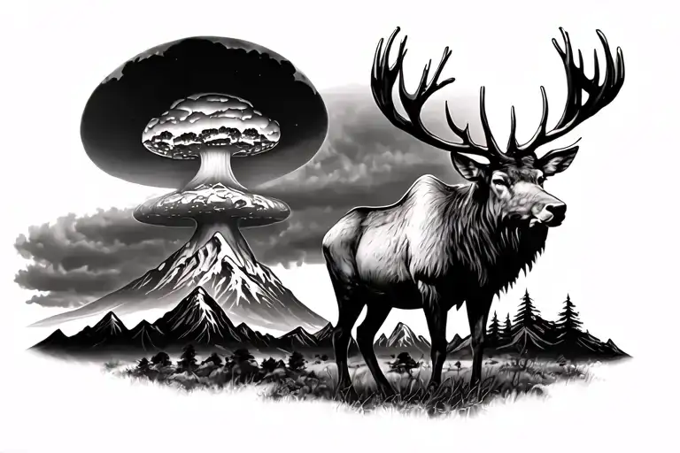 Elk With Mountains And Atomic Bomb Mushroom Cloud Background