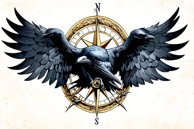 Raven Flying With Open Wings And Compass Rose Intertwined