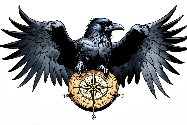 Raven Flying With Open Wings Holding A Compass Rose