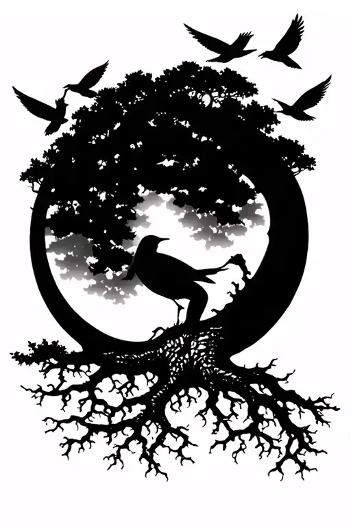 Tree Of Life With Roots Moon Birds