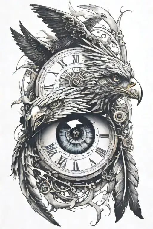 Human Eye With A Broken Clock Around It With An Eagle Underneath