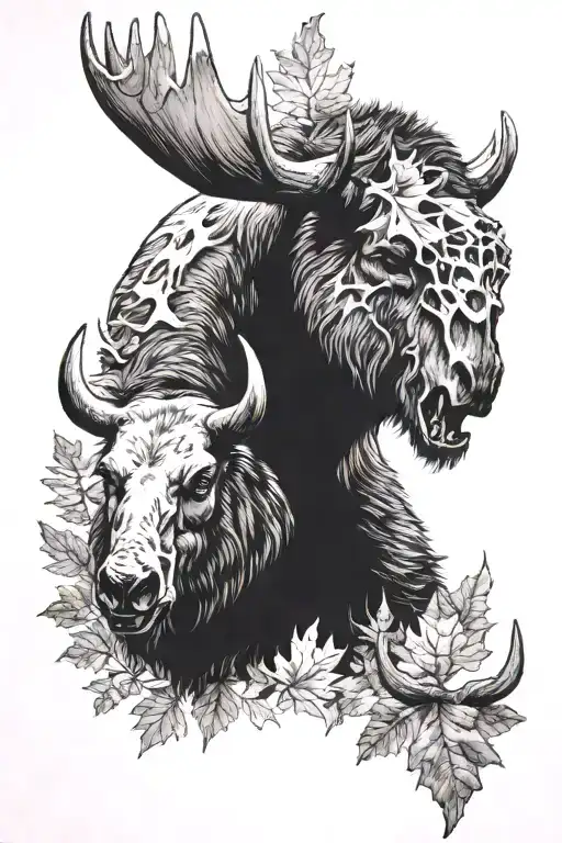 Grizzly Bear With Moose Skull And Maple Leaf