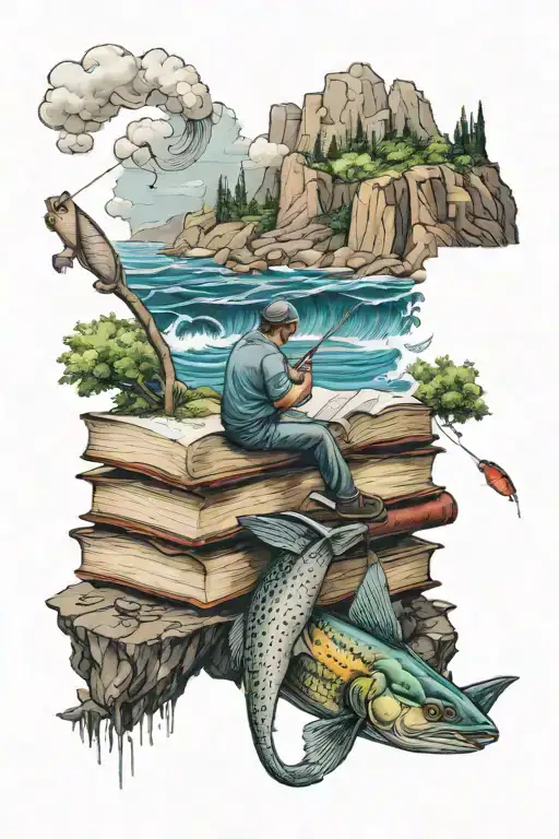 Books And A Man Fishing By A Cliff In The Ocean Waves