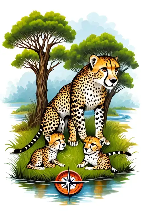Cheetah Cubs Playing On Grass With Mama Cheetah River And Trees A Compass Ocean