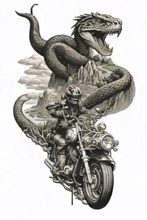 Mountain Landscape With Snake Wearing A Motorcycle Helmet Going Down Through The Road
