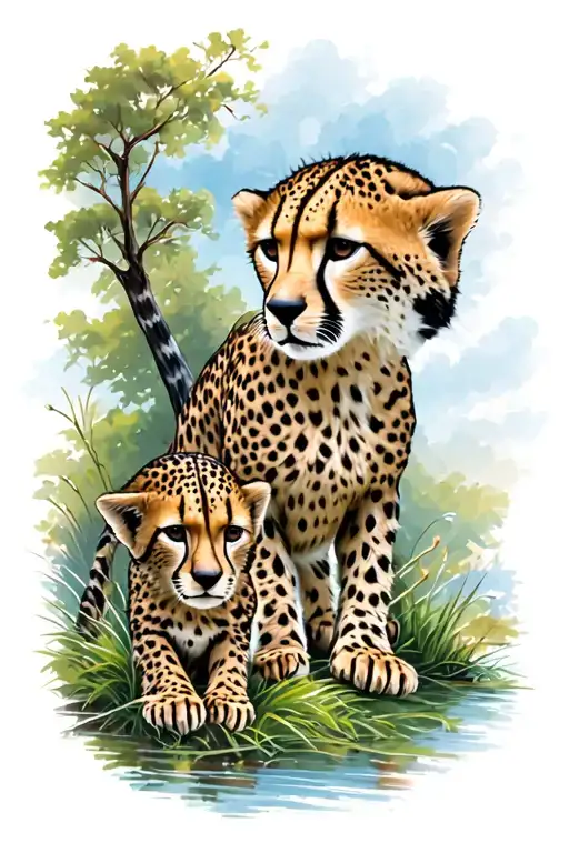 Cheetah Cubs Playing On Grass With Mama Cheetah River And Trees A Compass Ocean