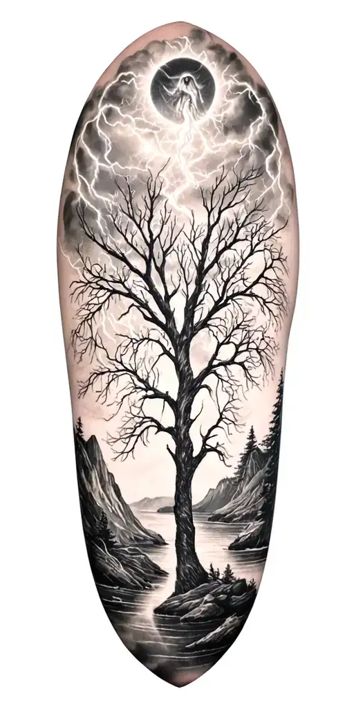 Freya Goddes Of Love Groving In Tree And Lightining Storm And Fjord And Nature