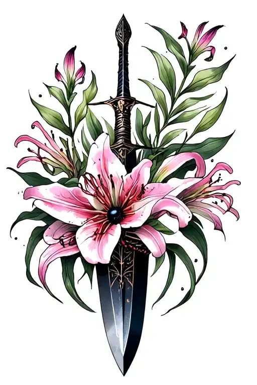 Dagger Tattoo With Spider Lilies And A Black Widow