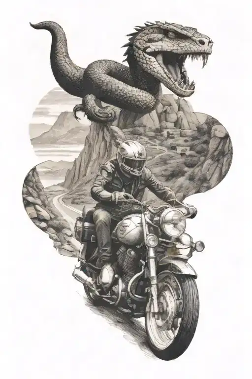 Mountain Landscape With Snake Wearing A Motorcycle Helmet Going Down Through The Road