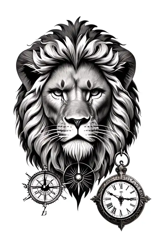 Lion's Head Accompanied By A Compass And Clock Between Granny