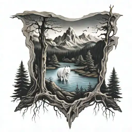 Ghost Animals In A Dark Forest With Mountains And A River