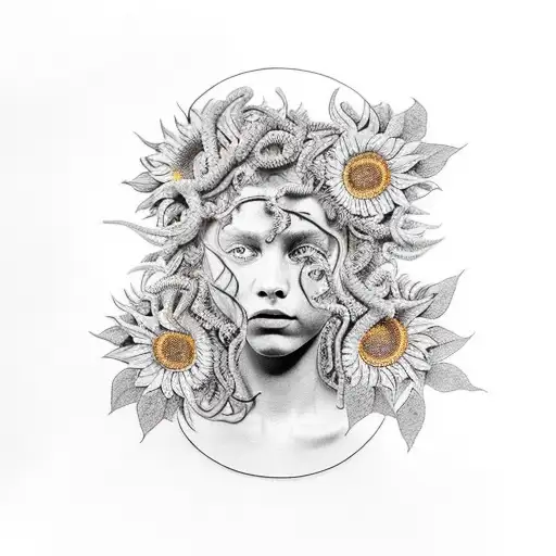 Medusa With Sunflowers And A Little Girl Below Medusa