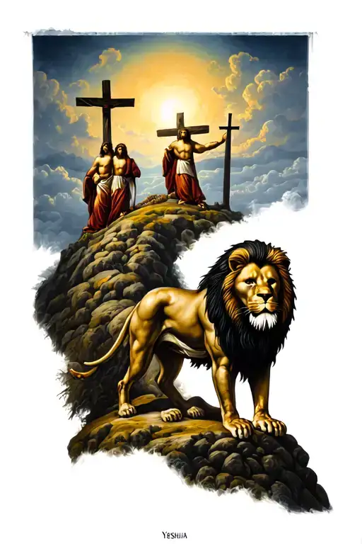 Jesus And A Lion Fadind Down The Arm To The Three Crosses On The Hill Saying Yeshua In Hebrew