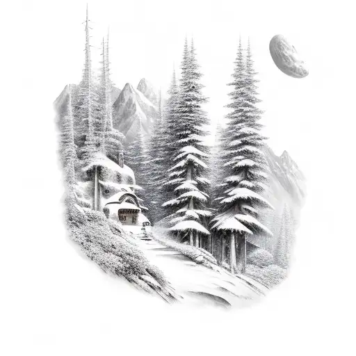 Mountain With Trees And Huts