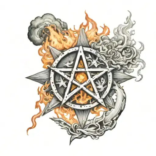 A Pentacle Surrounded By Fire And Smoke With Burning Parts