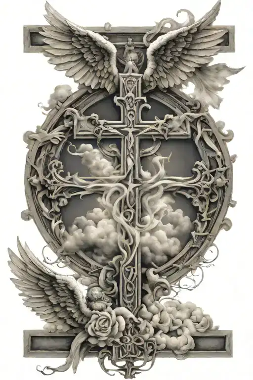 Cross With The Word Angel In The Middle With Clouds And Angels On The Outside