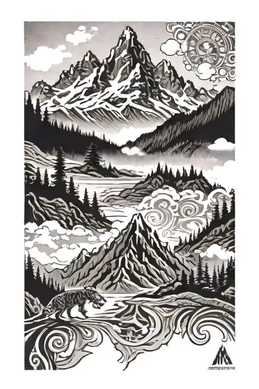 Alaska Mountain Scene With Filipino Tribal Design Incorporating Kobe Bryant