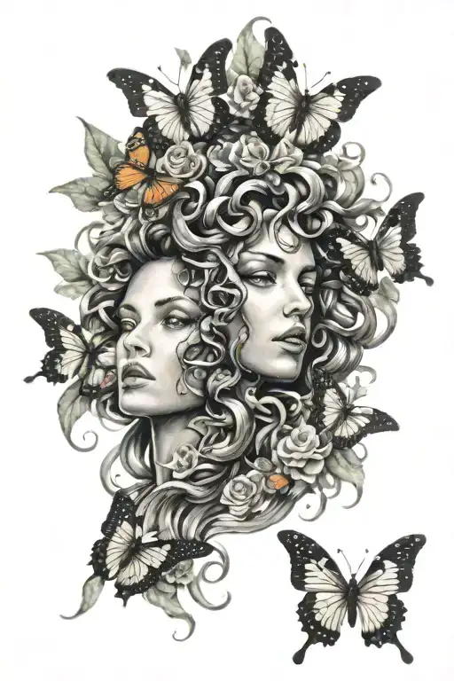Medusa With Flowers And Butterflies Fluttering On My Thigh I Want It To Be Super Realistic