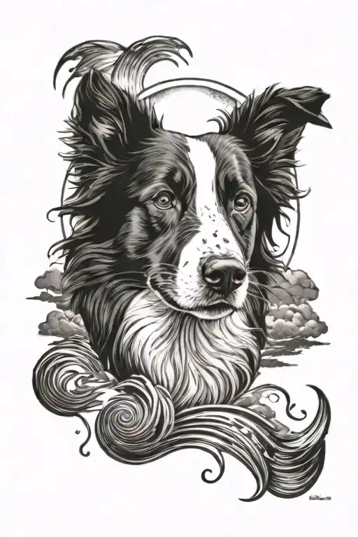 Border Collie And The Sun Inside With Waves And Moon