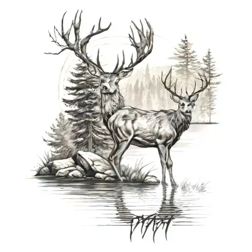 Lake With Woods In The Background Deer Standing