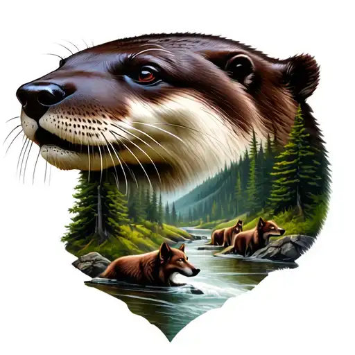 An Otter Head With A Forest Below It With 3 Wolves In The Forest With A River In The Forest