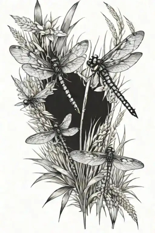 Dragon Flies Flying Around Cattails