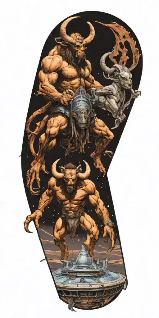 1 Male Minotaur With 1 Captured Female Alien Standing On Top Of A Spaceship