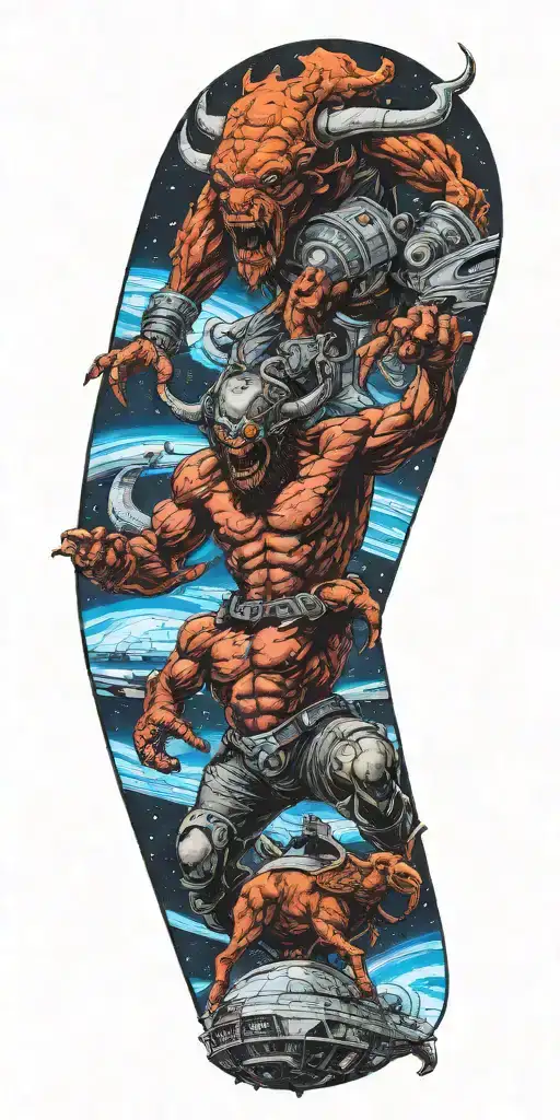 1 Male Minotaur With 1 Captured Female Alien Standing On Top Of A Crashed Spaceship