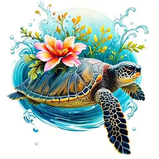 Sea Turtle Swimming Gracefully With Beautiful Flowers And Ocean Waves Around It