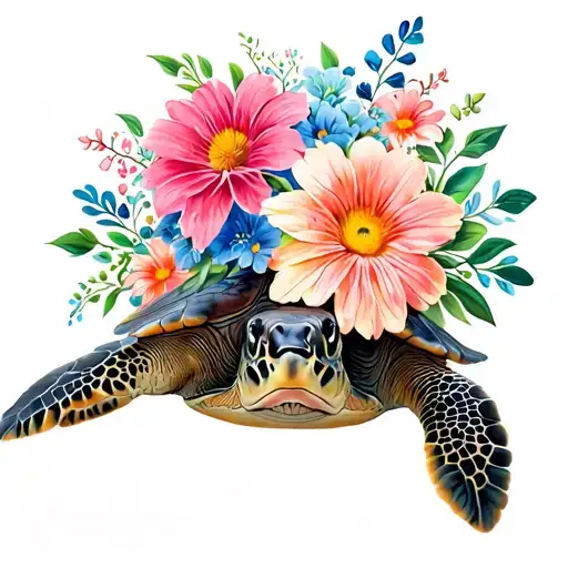 Sea Turtle Swimming Gracefully With Beautiful Bouquet Of Flowers