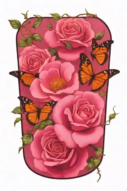 Wild Prairie Rose On A Vine Winding With Colored Monarch Butterflies Around It