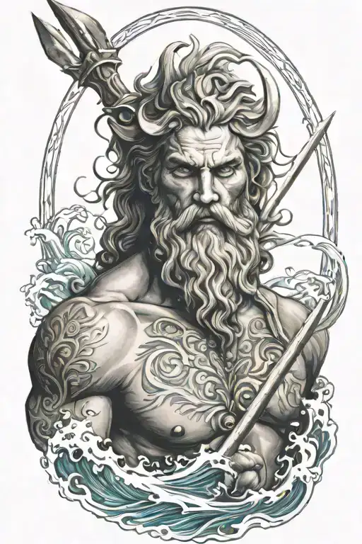 A Portrait Of Poseidon With His Trident And Waves