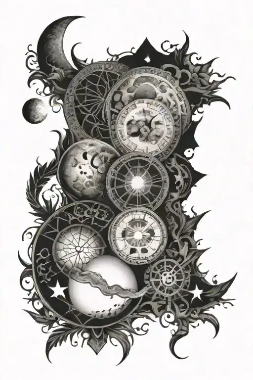 Back Tattoo Bright Detailed Moon Phases With Tribal Designs Around It