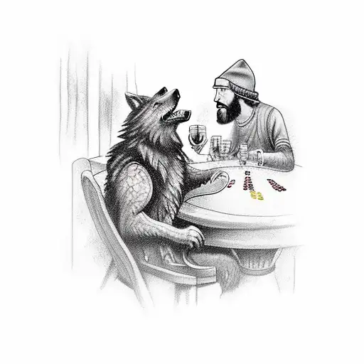 Mountain Man And A Dire Wolf Play Poker With A Bottle Of Whiskey In An Old Mountain Cabin