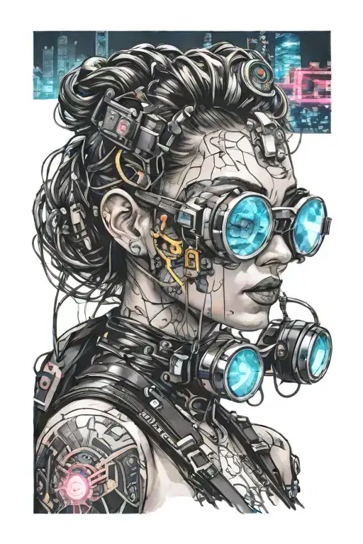 Cyberpunk Girl With Goggles And Neon Lit Cityscape