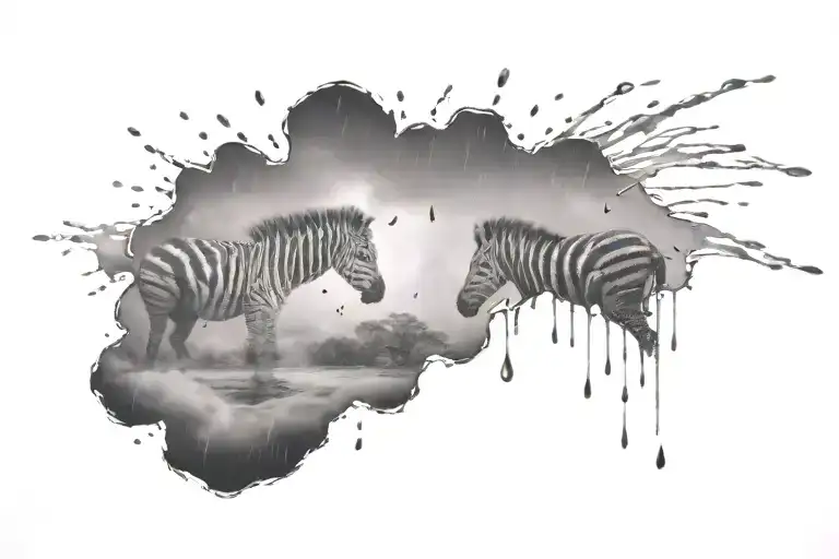 Zebra Patterned Rain And Rain Cloud Tattoo With Some Drops In The Shape Of A Heart