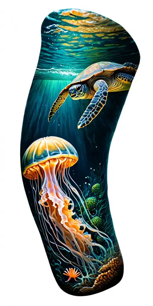 Underwater Ocean Scape Scene With Turtle And Jelly Fish