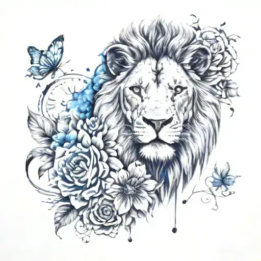 Lion With Blue Eyes With Date And Time Surrounded With Japanese Style Flowers