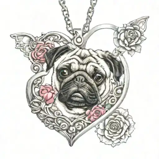 Realistic Pug With Tongue Sticking Out To Th Right Inside Of An Aesthetic Heart Locket
