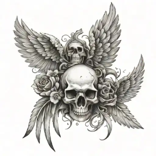 A Design With Angel Wings And A Skull In The Middle In Black And White