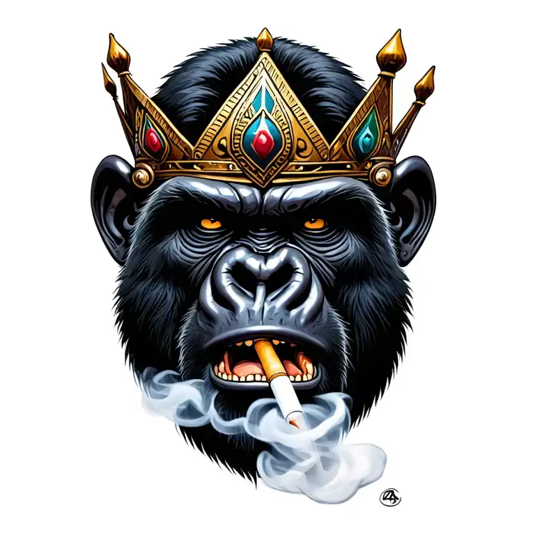 Crowned Angry Gorilla Face Wearing African Armor Smoking Cigarette