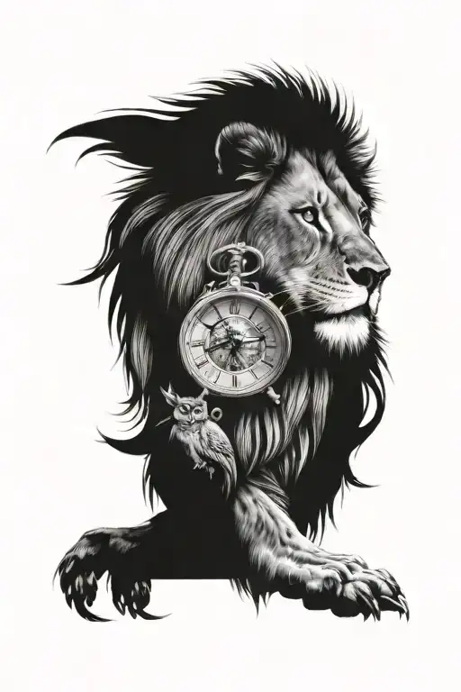 Lion And Owl Tatoo With A Clock Face