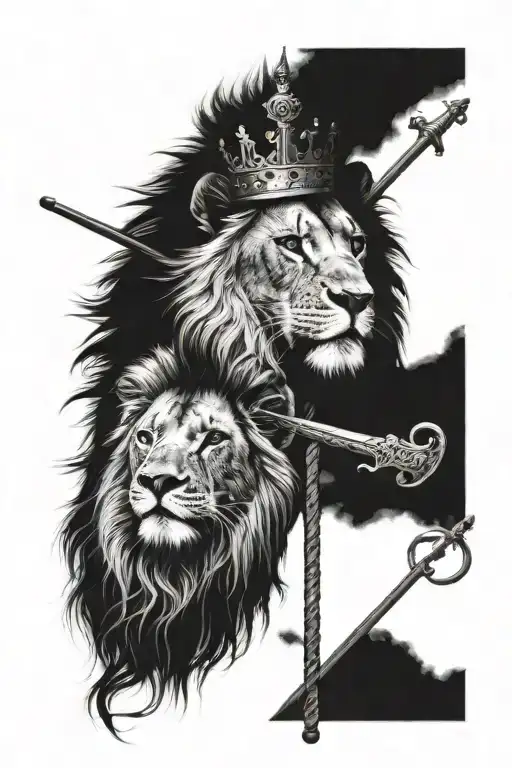 Half Lion And Lamb Face With A Rod And Staff And Crown