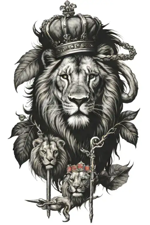 Lion And Lanb Rod And Staff Beside Them And A Crown On There Head