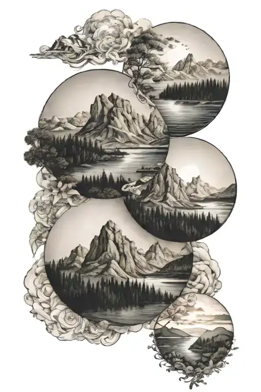 Three Circles With Mountain Sea And Children's