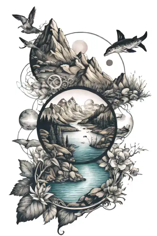 Circles With Mountain Sea And Children's