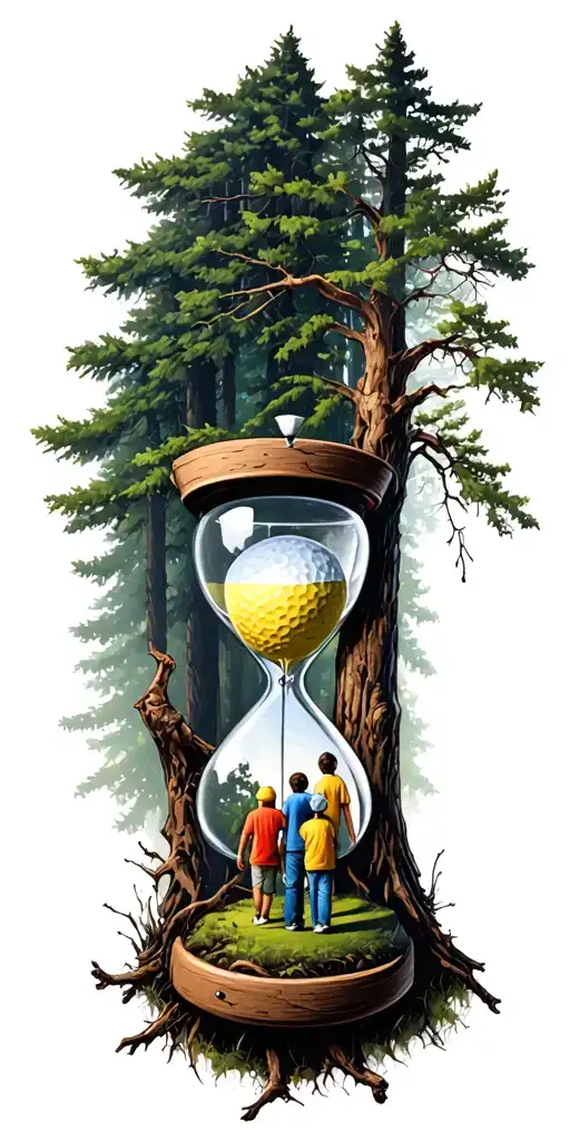 Forest And Family Tree And Hour Glass Father With 3 Kids And Golf And
